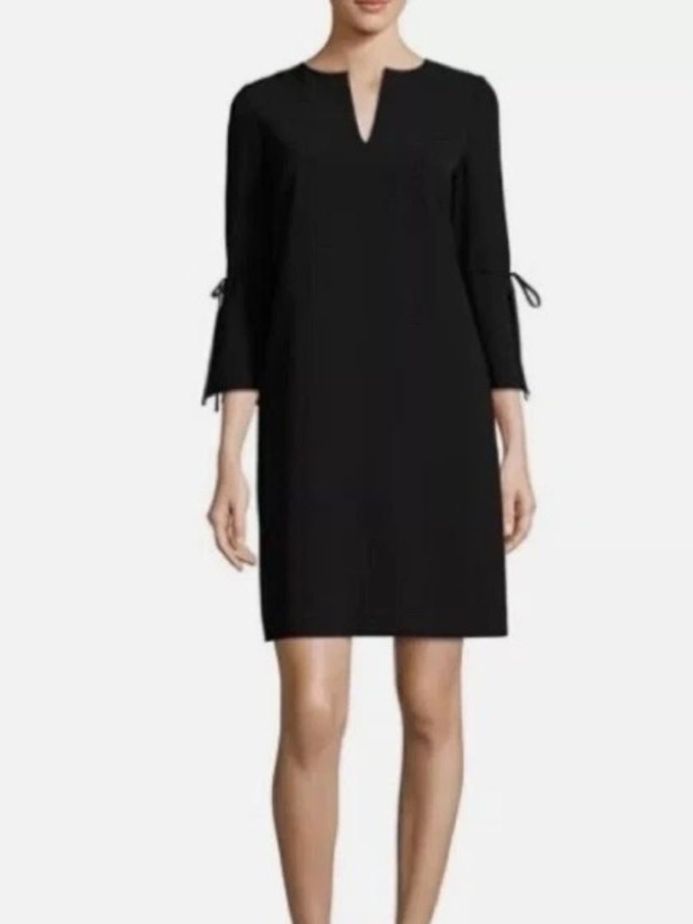 Lafayette 148 “Deandra” Black Tie Sleeve Split Neck Shift Dress Size Medium